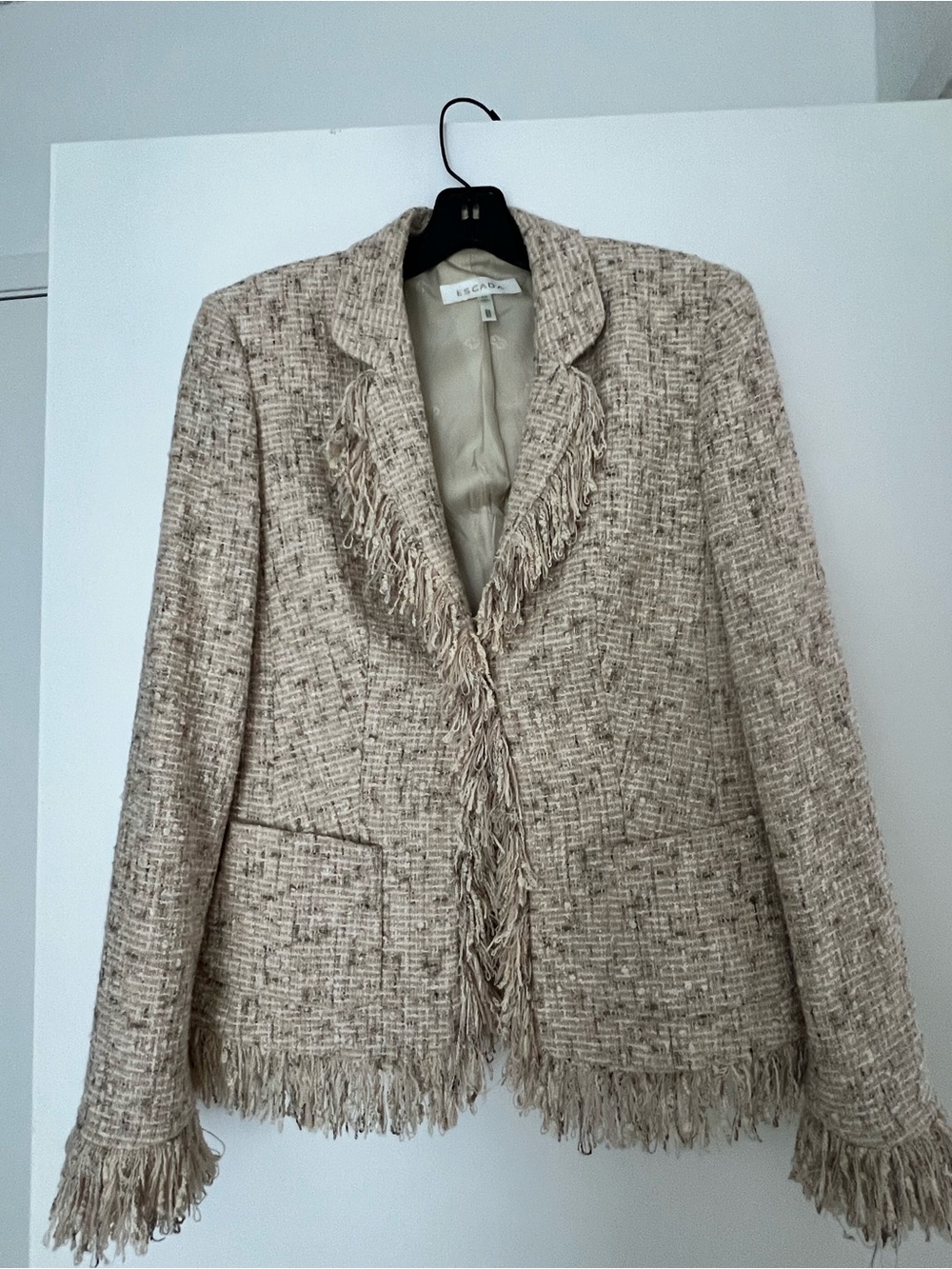 Escada Cream Fringe Tweed Blazer Jacket
